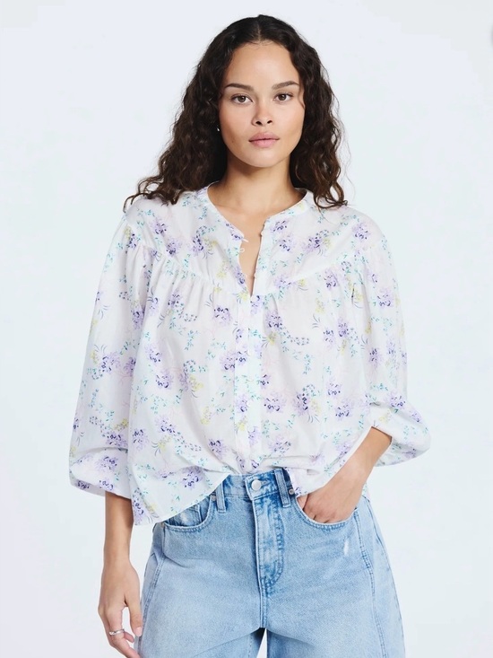 Scoop Tops - Scoop Womens XS Flowy Blouson Cotton Blouse White Purple Floral Long Sleeve Top